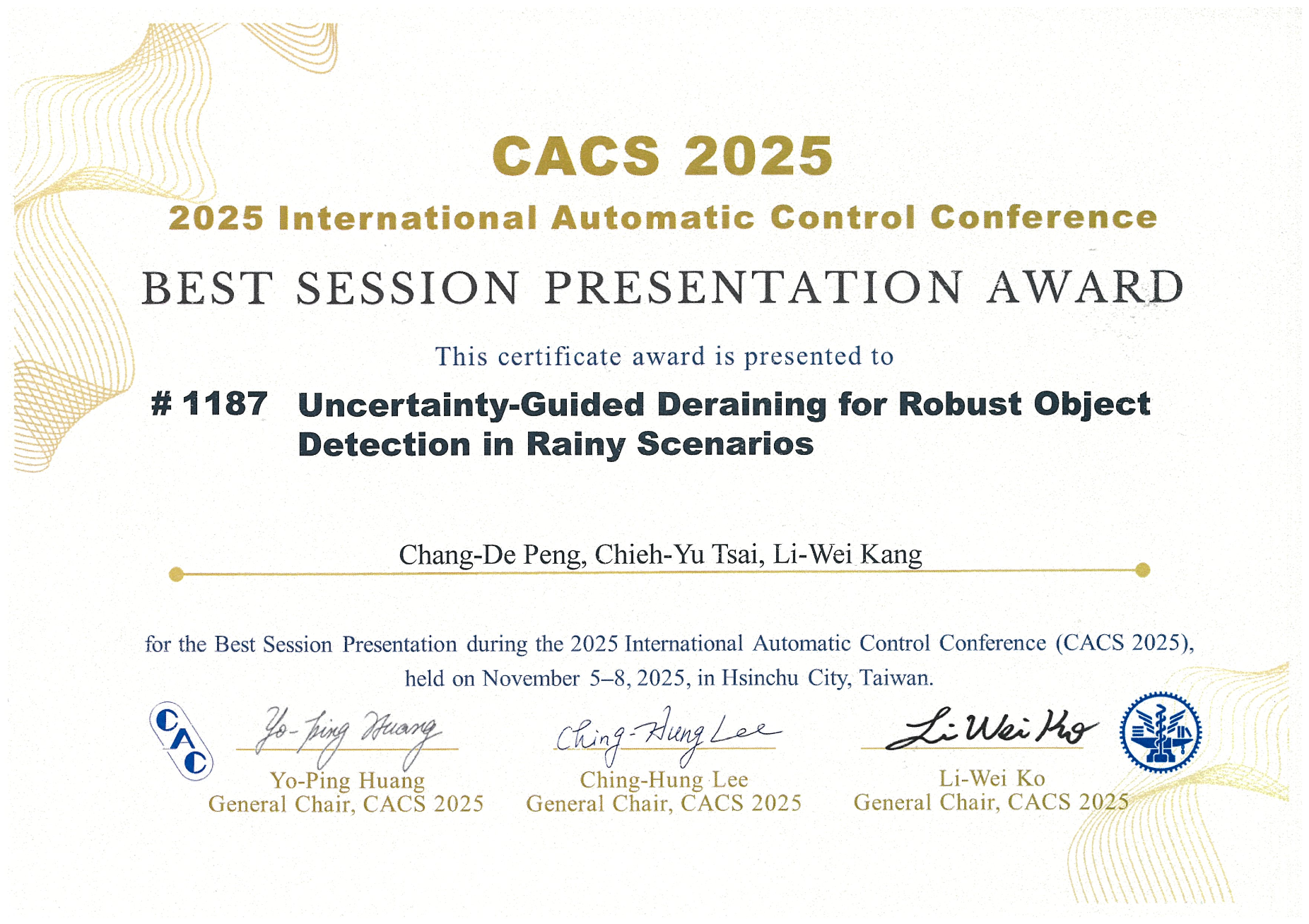 Best Presentation Award at CACS 2025 Special Session